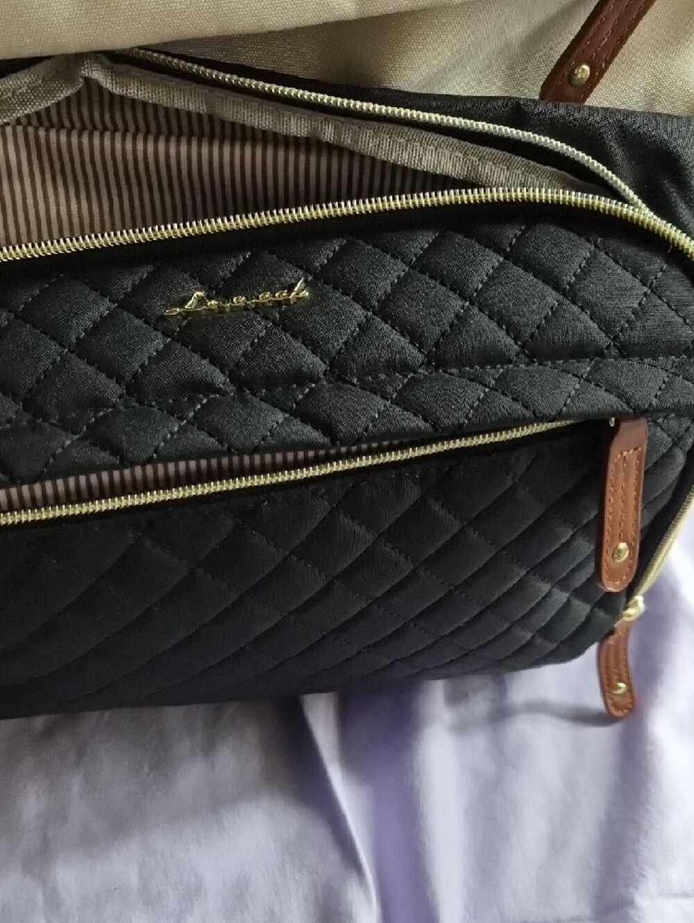 Quilted Black & Cream Canvas Backpack with Brown Trim XL - Picture 5 of 11